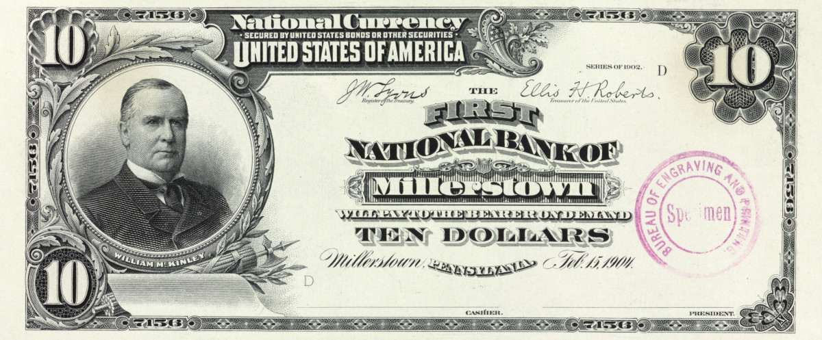 Series of 1902 date back proof from The First National Bank of Millerstown, Perry County, Pennsylvania. The bank began by issuing 1902 red seals.