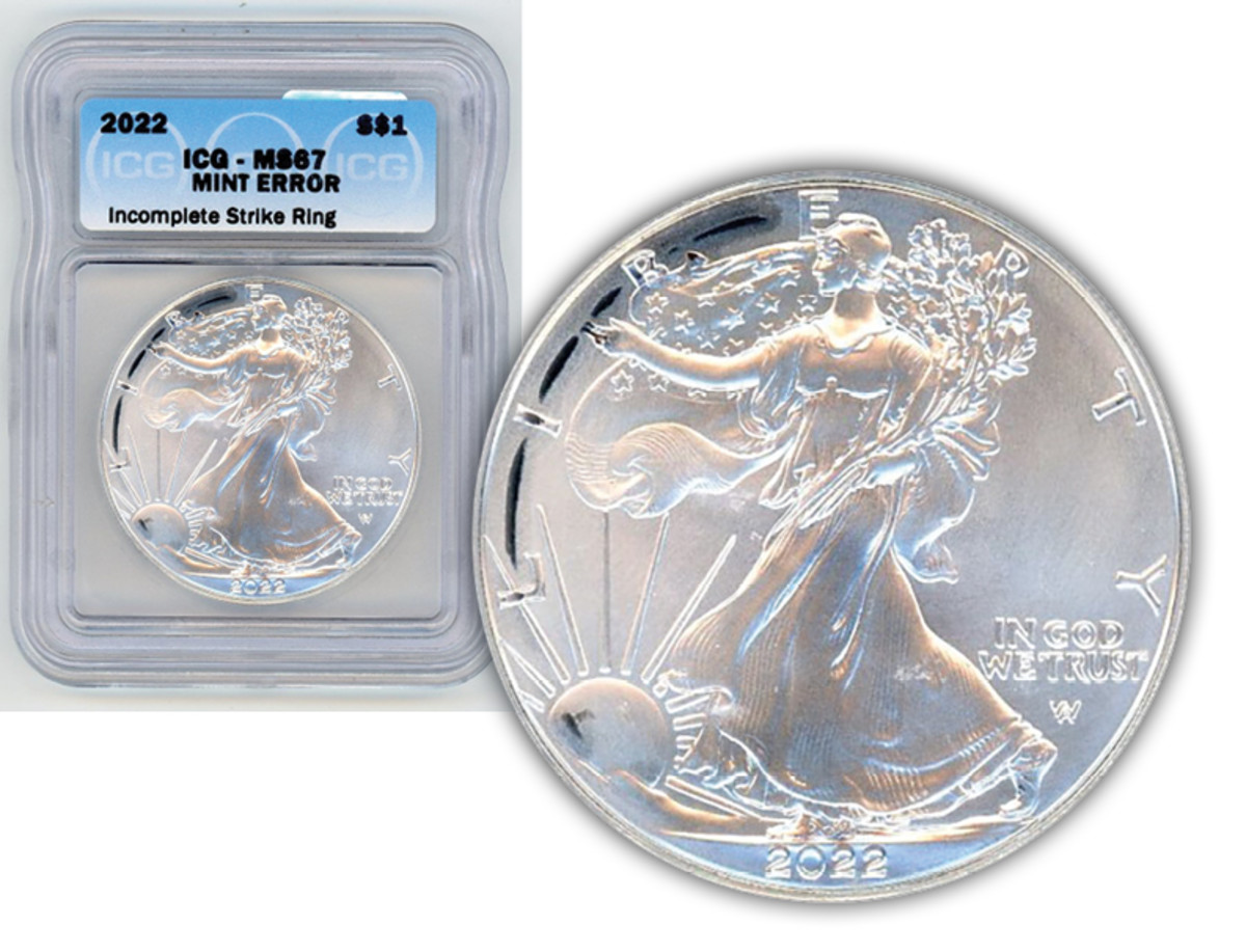 Figure 1: Graders at ICG have discovered an unusual strike-through error on 2022 American silver Eagle coins. (All images courtesy ICG.)