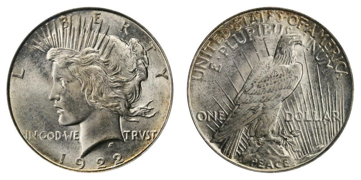 The 1922-D, like other early Peace dollars, had a large mintage of 15,063,000. However, its high price in MS-65 shows that high-quality examples are few and far between. (Images courtesy usacoinbook.com.)