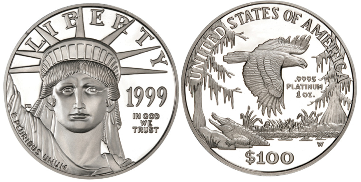 A 1999 one-ounce platinum Eagle with the reverse design of an eagle flying over Southeastern Wetlands. (Image courtesy of Numismaster.com)