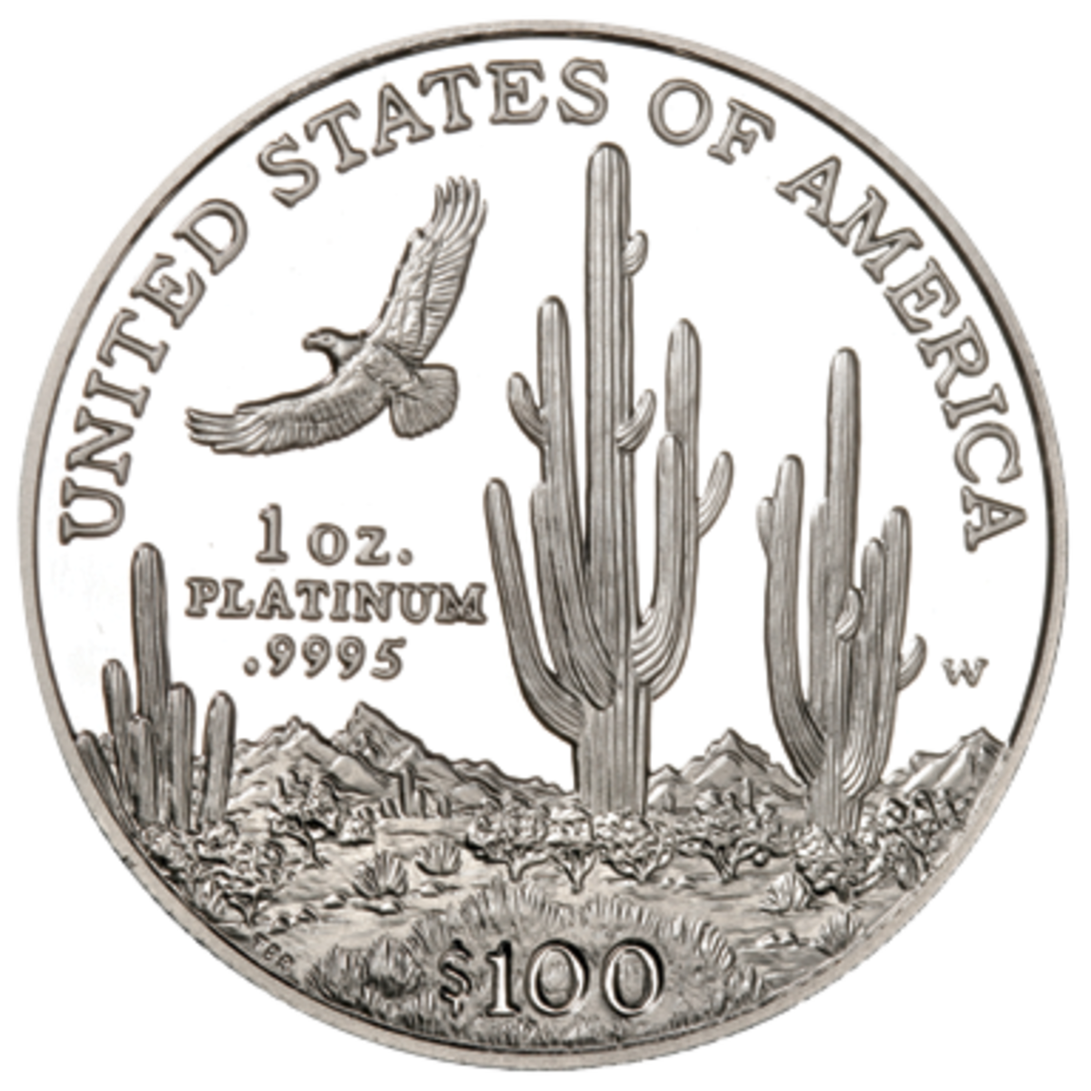 A 2001 one-ounce Eagle, with eagle in flight over Southwestern Cactus Desert. (Image courtesy of Numismaster.com)