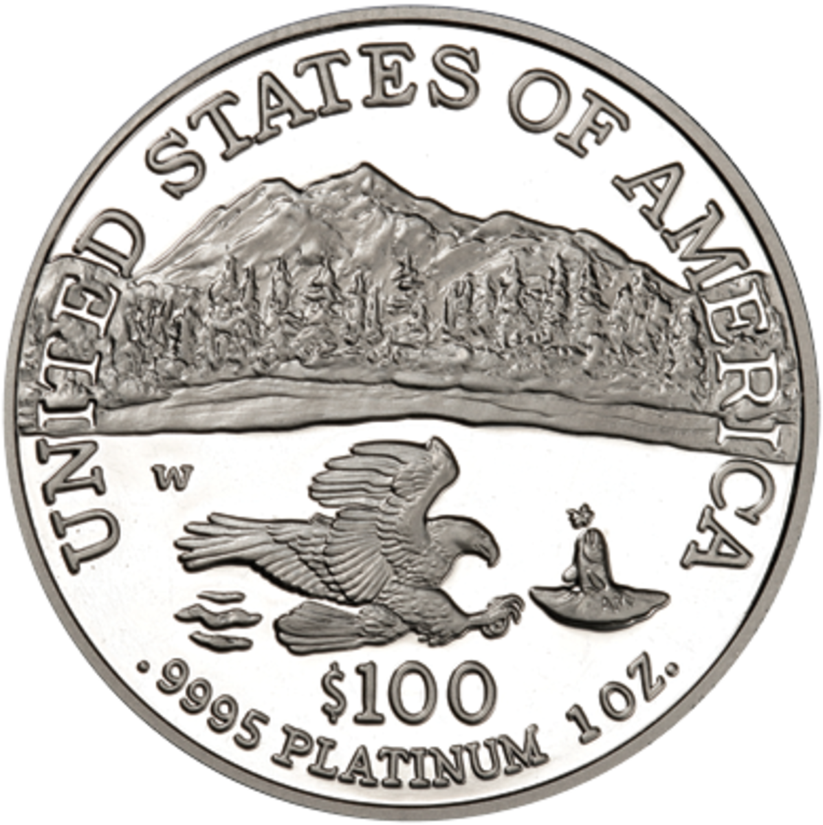 The reverse design of the 2002 one-ounce platinum eagle features and eagle fishing in America’s Northwest. (Image courtesy of Numismaster.com
