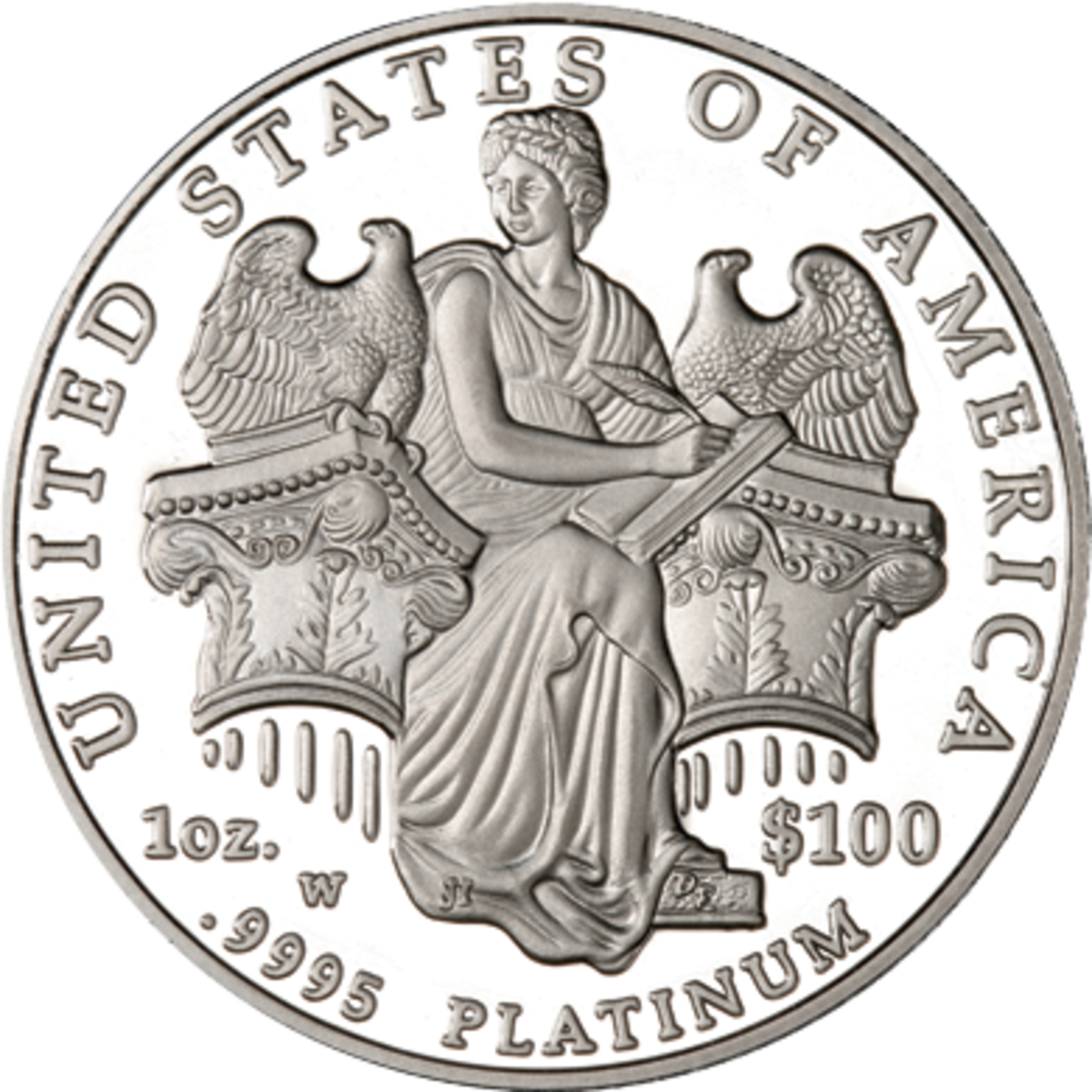 The 2006 reverse design shows Liberty seated, writing between two columns. (Image courtesy of Numismaster.com)
