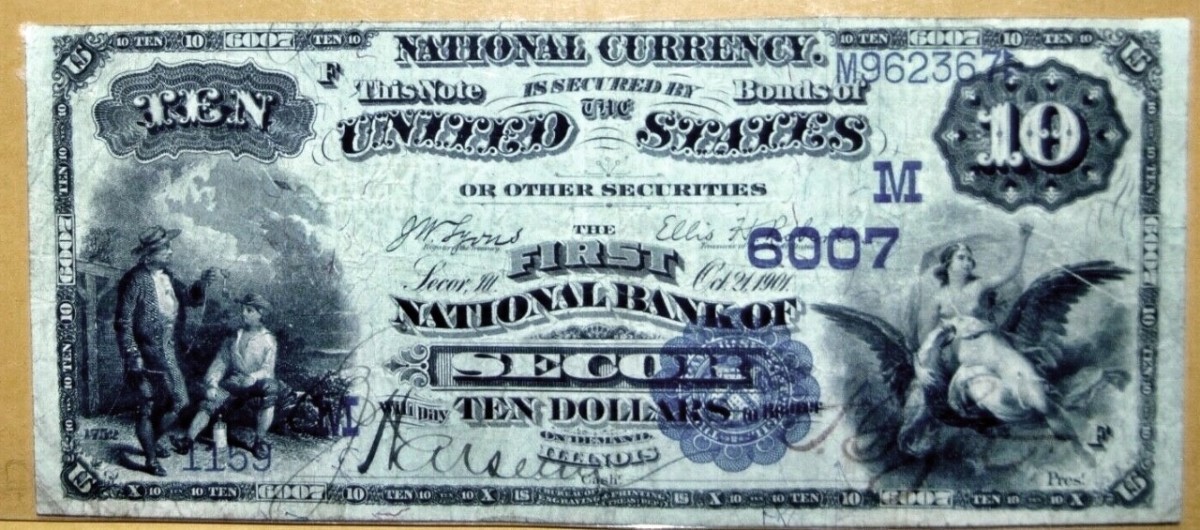 Here is the only known Series of 1882 Date Back note issued by the First National Bank of Secor, Ill., now in the author’s collection. Note the lovely pen signature of the cashier, E.J. Harseim.