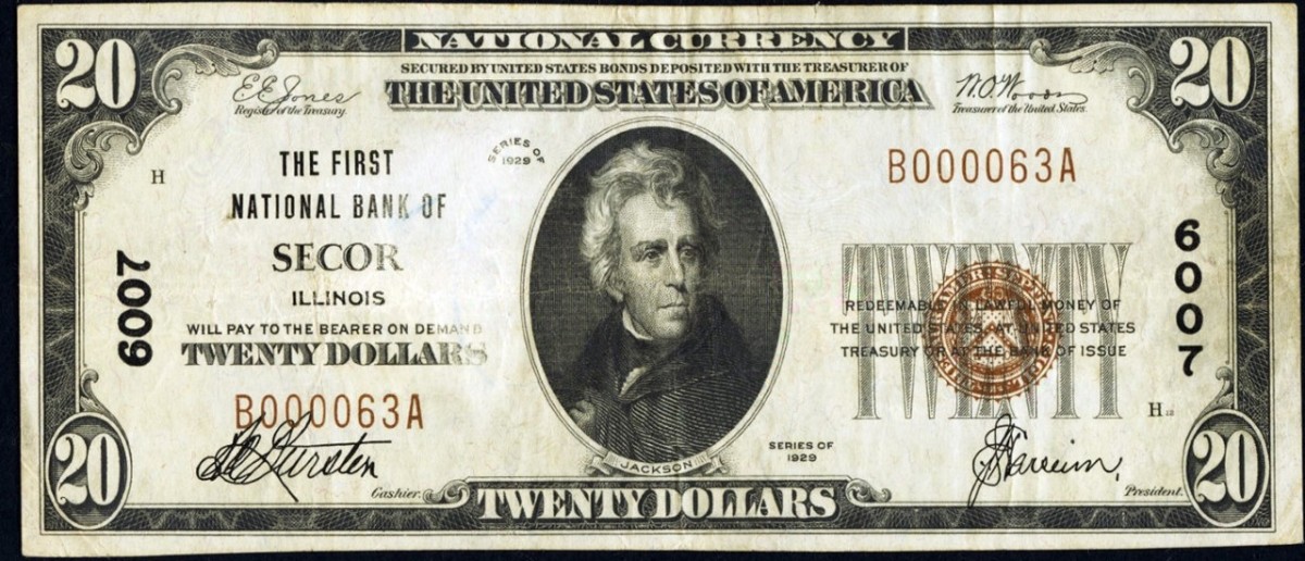 The First National Bank of Secor also issued small size notes until the bank was closed by the receiver in 1932. (Photo courtesy Heritage Auctions)