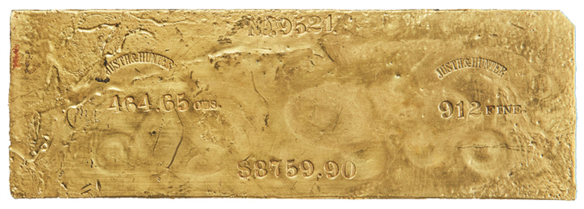 The top lot in Heritage’s Central States U.S. coin auction was a Justh & Hunter gold ingot. It commanded $1.32 million. (All images courtesy Heritage Auctions, HA.com.)