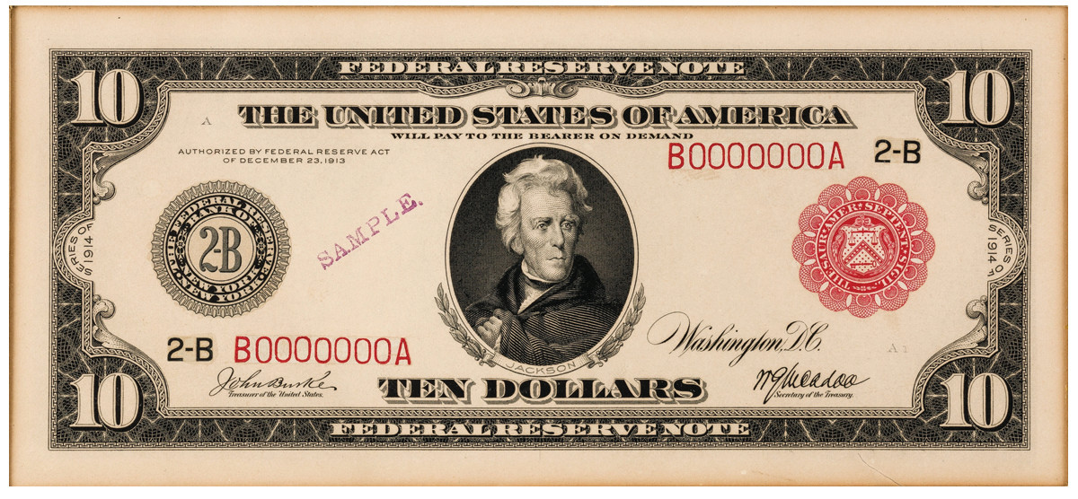 This August 3, 2020 offering comprised of both face and back Proofs of Series 1914 and 1918 Federal Reserve notes of each denomination: $5, $10, $20, $50, $100, $500, $1000, $5000, and $10,000, all housed in a specially prepared, custom binder sold for $504,000.