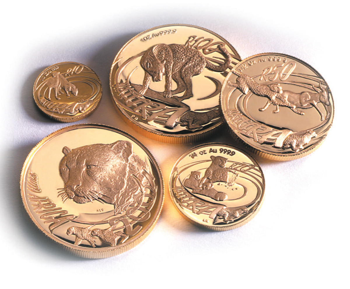 These are the four reverse designs and one uniform obverse design for the 2002 Cheetah coins from the Wildcats of Africa series. A sense of the speed of the cheetah is achieved through the swift circles in these designs.