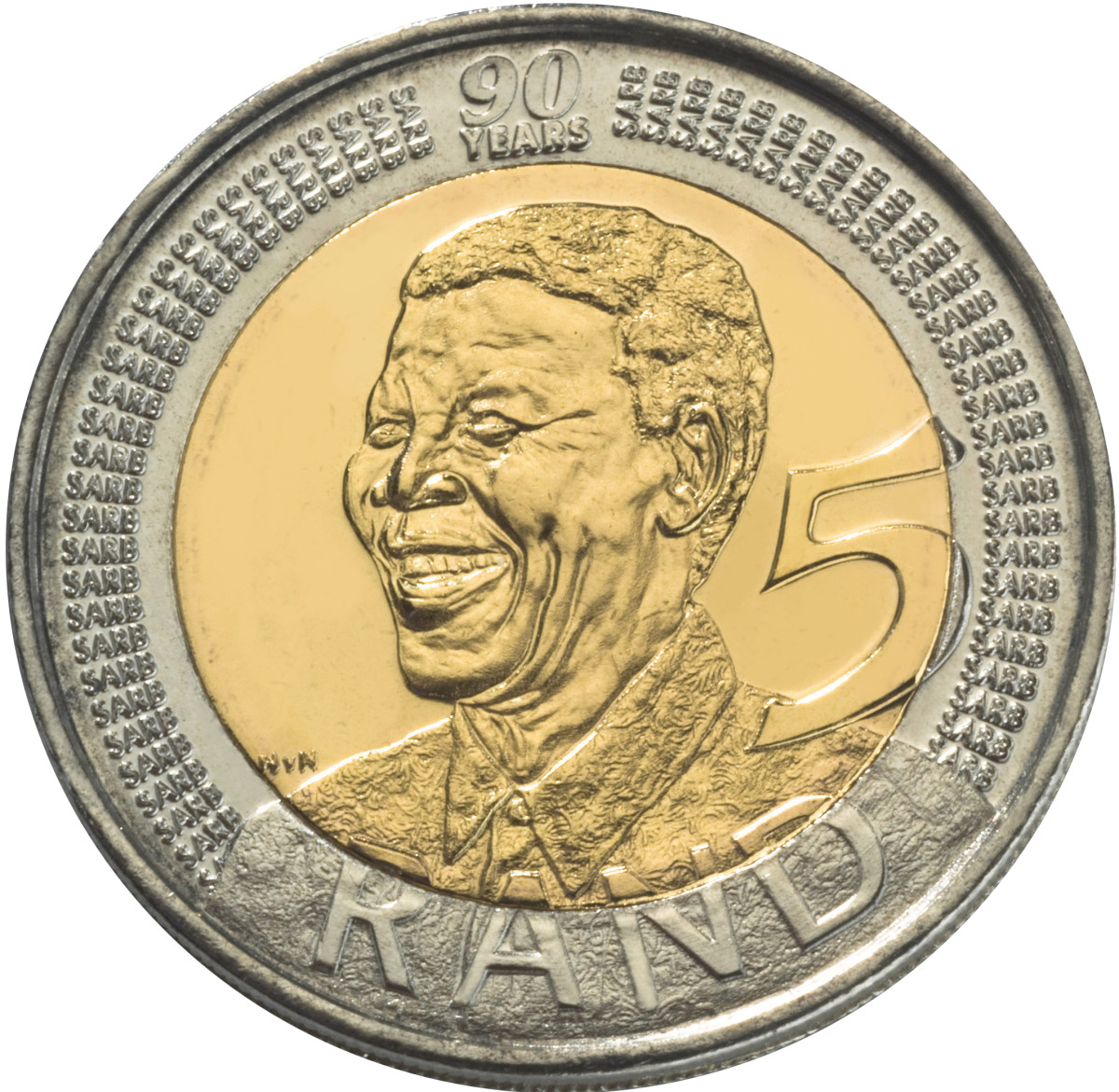 The popular bi-metallic circulating 2008 5 rand celebrating Nelson Mandela’s 90th birthday.