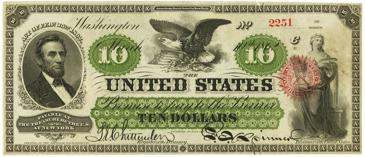 $10 1862-3 legal tender note with overprinted Treasury signatures. They appear bolder than the engraved varieties, especially Chittenden’s signature, and there are differences between the shapes of the punctuation marks in Spinner’s signature between the overprinted and engraved varieties.