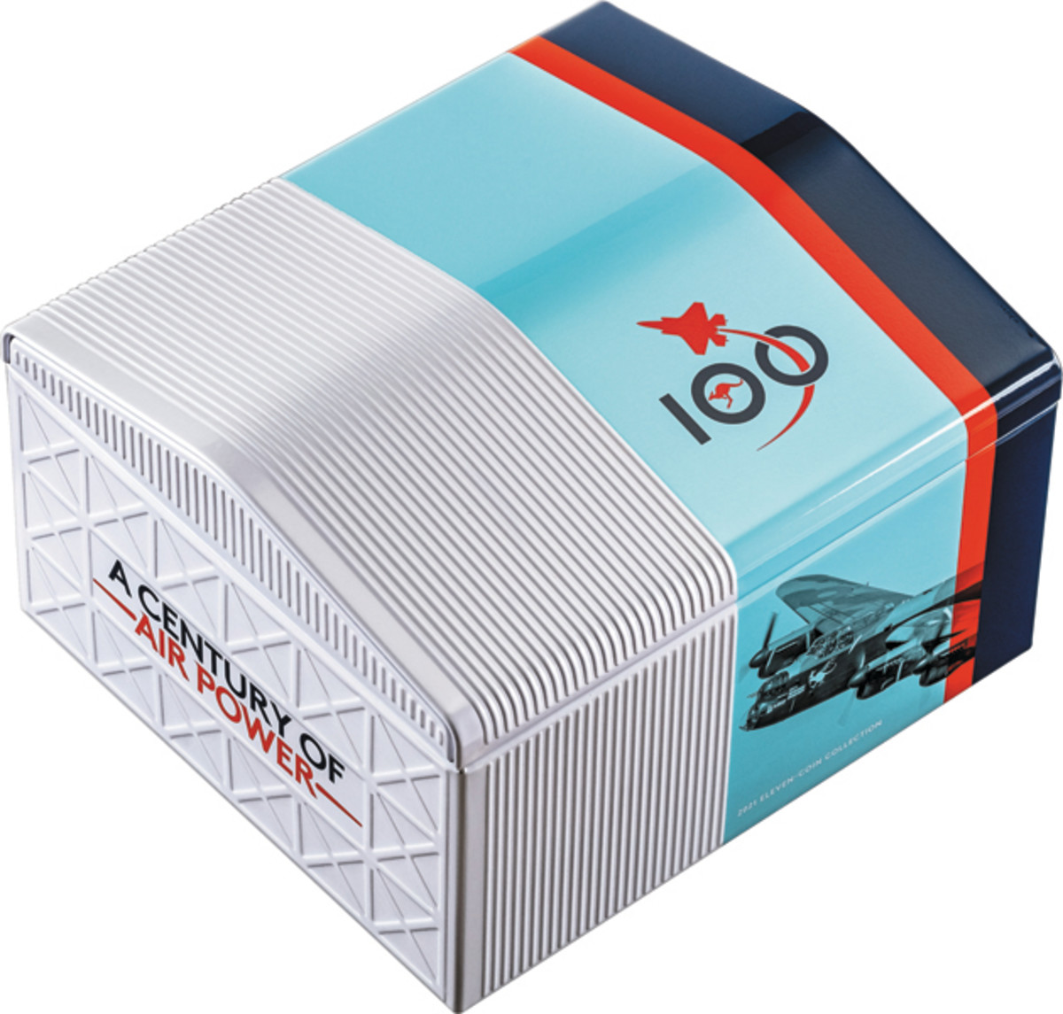 The Centenary of the RAAF coin cards come in this handy tin aircraft hangar. Packaging makes all the difference.