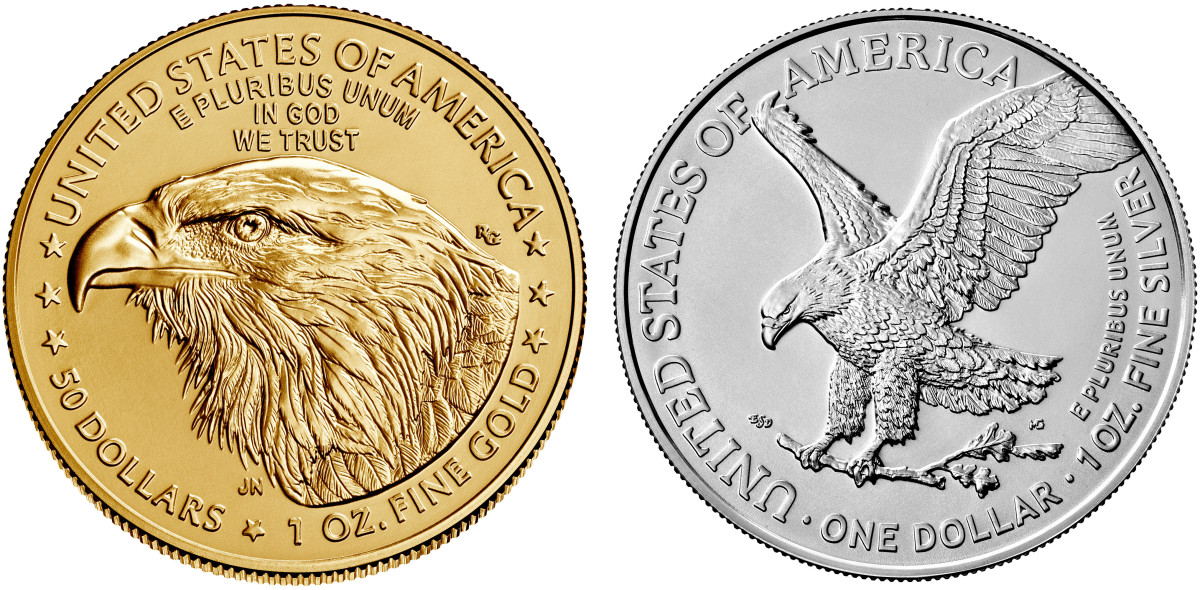 New reverse designs on 2021 gold and silver American Eagle bullion coins. (Images courtesy United States Mint.)