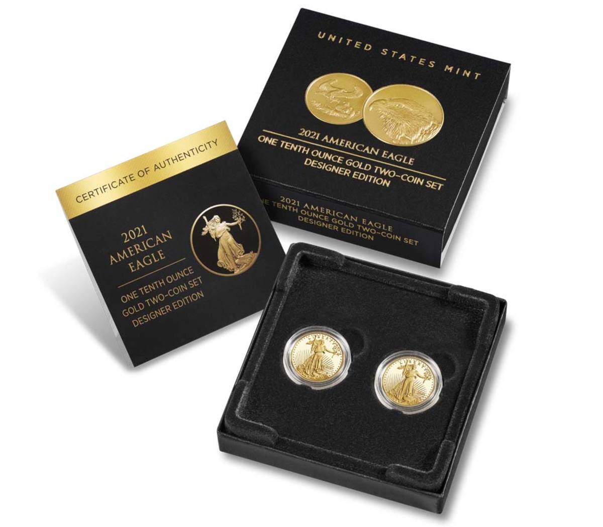 Tenth-ounce gold American Eagle two-coin set featuring the old and new designs (Image courtesy United States Mint.)