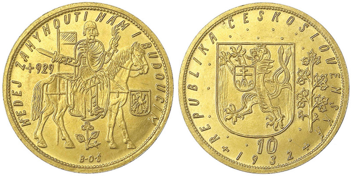 A very sought after 10 Dukaten 1932 of Czechoslovakia will cross the block at a starting bid of about $22,500. Its condition is remarkable, making it a centerpiece of this sale. 