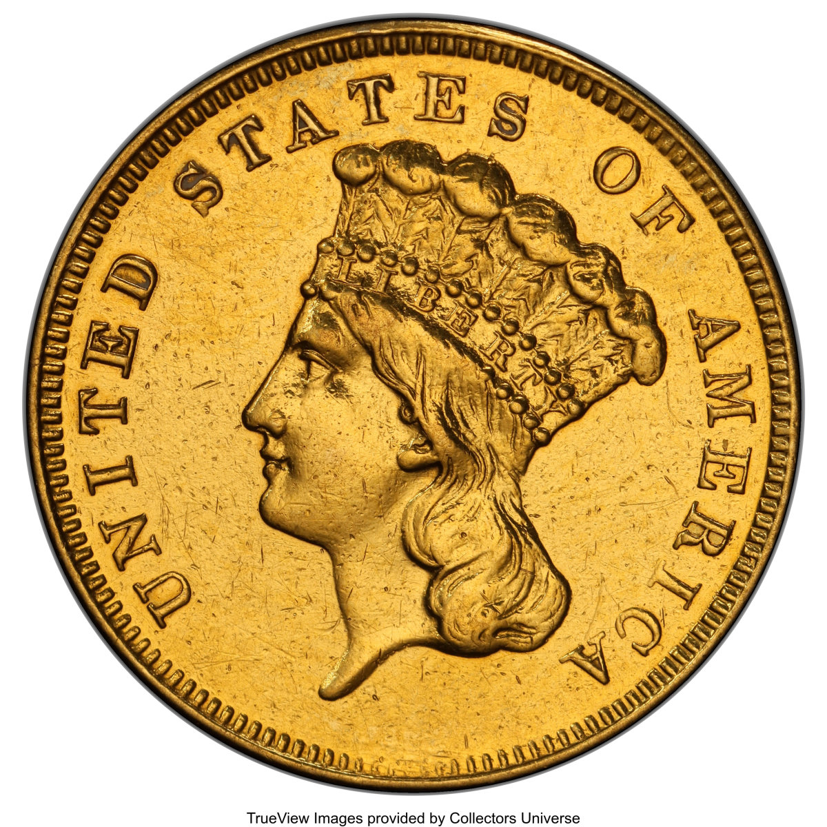1870-S $3 gold graded SP-50. (Image courtesy Heritage Auctions, HA.com.)
