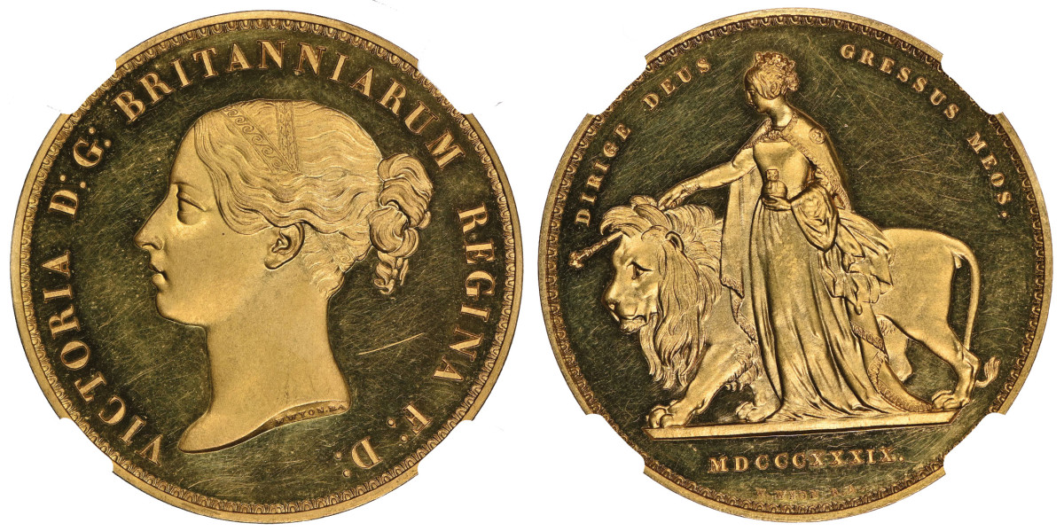 Great Britain 1839 Una and the Lion 5 Sovereign graded NGC PF 62+ Cameo (lot 339)