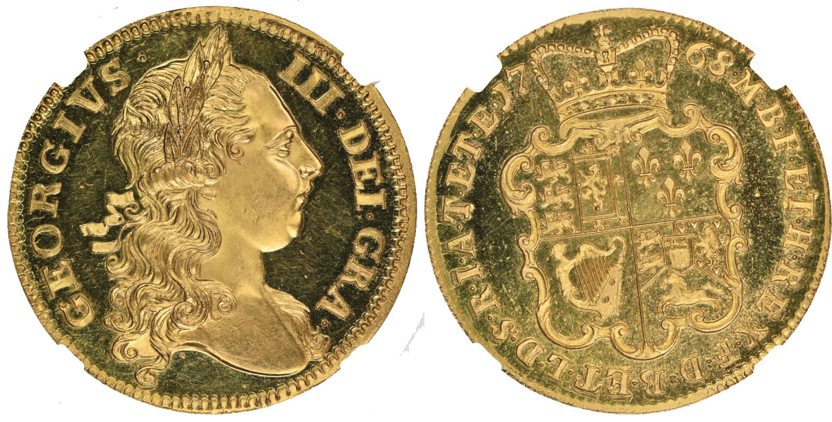 Great Britain 1768 Gold Pattern 2 Guinea graded NGC PF 65 Cameo (lot 243)