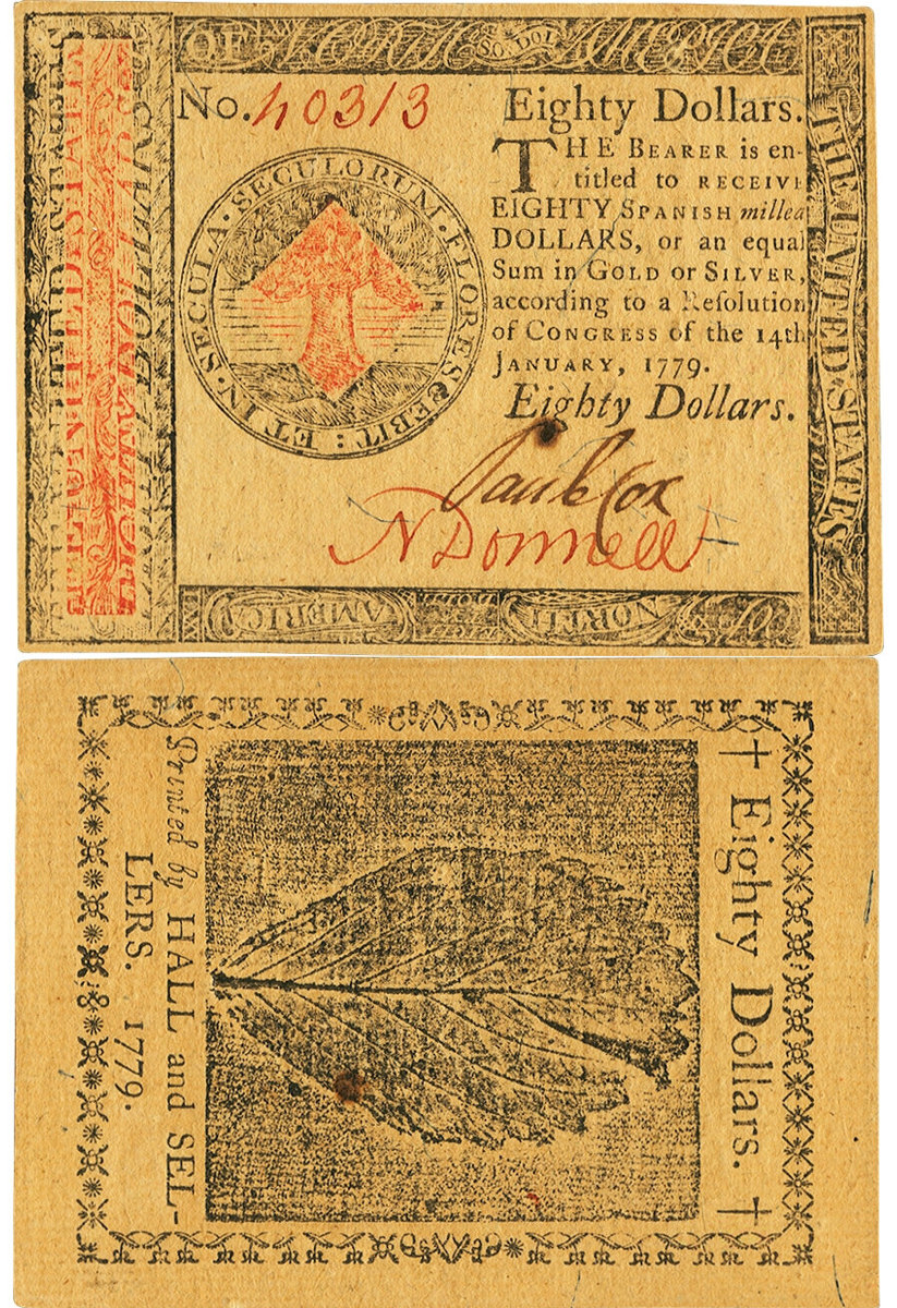 $80 Continental Currency Note dated Jan. 14, 1779. The $80 notes were created in response to the depreciation of the currency of the time.