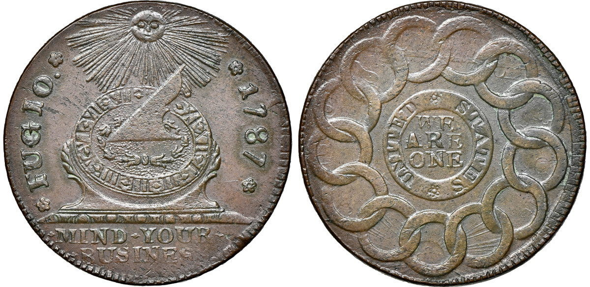 A 1787 Fugio cent, featuring the motto “MIND YOUR BUSINESS” beneath the design of a sundial.