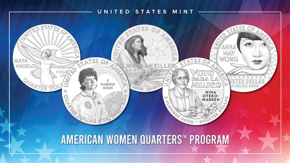 2022 American Women quarter designs featuring, from left: Maya Angelou, Dr. Sally Ride, Wilma Mankiller, Nina Otero-Warren and Anna May Wong. (Image courtesy United States Mint.)