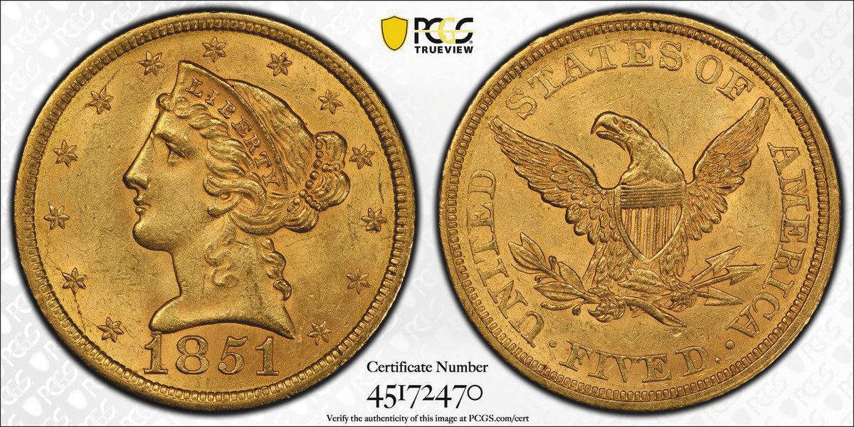 1851 $5 gold graded MS-63. (All images courtesy Stack’s Bowers Galleries.)