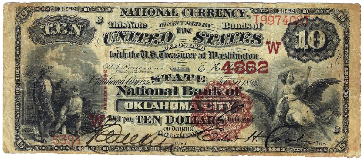 Figure 1. Sleeper territorial from Oklahoma City. The feature that reveals that the note is a territorial is the territorial plate date of Feb. 11, 1893. The plate was certified for use April 15, 1893.