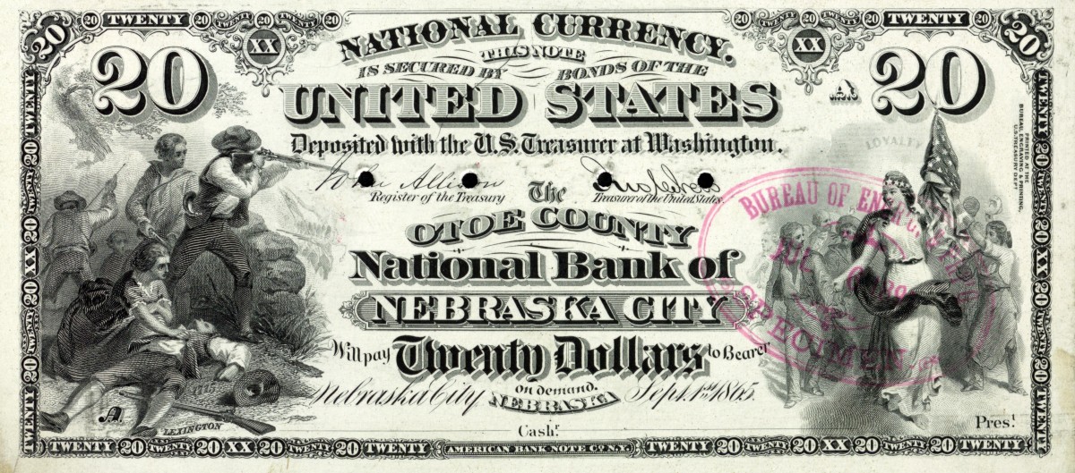 Figure 2. Series of 1875 territorial proof for Nebraska City with a territorial plate date of Sept. 1, 1865.
