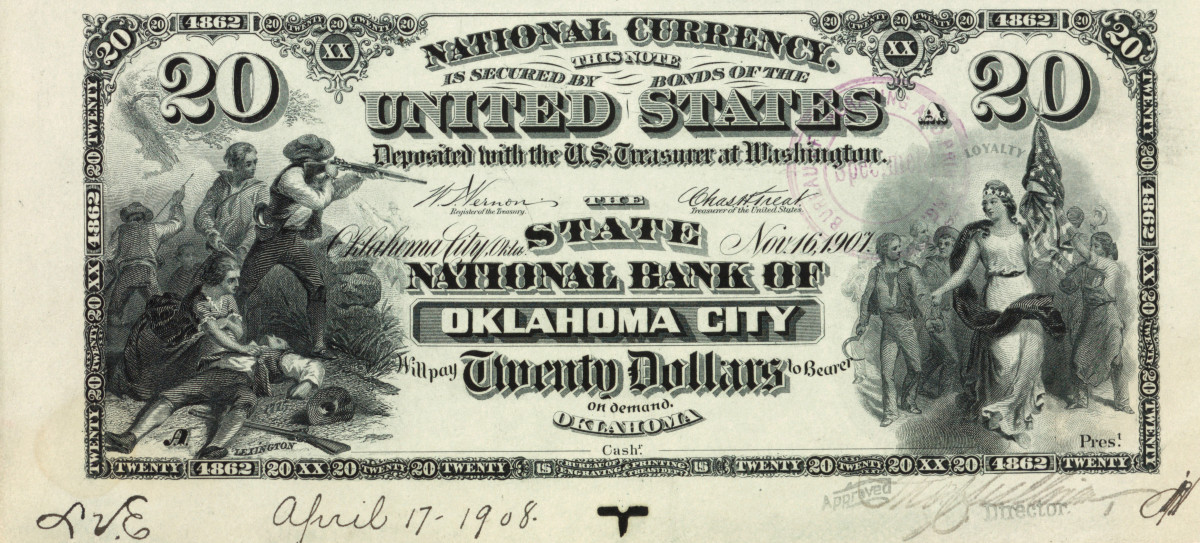 Figure 5. Series of 1882 proof from the same plate as the note illustrated on Figure 1 after being altered into its state form. Notice the statehood plate date of Nov. 16, 1907 and updated Treasury signatures. The plate was approved for use April 17, 1908.