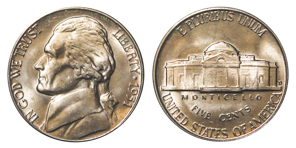 The 1951-D Jefferson nickel was released in the shadow of the low-mintage 1950-D, but increasing Mint State prices suggest a growing interest in its better grades. (Images courtesy usacoinbook.com.)