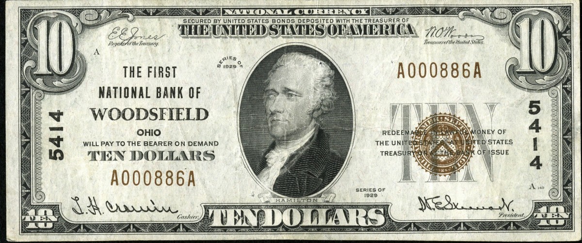 The First National Bank of Woodsfield, Ohio, also issued small size notes of the Series of 1929. Here is an example. (Photo courtesy Heritage Auctions)
