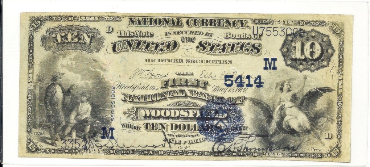 This Series of 1882 $10 Value Back note was issued by the First National Bank of Woodsfield and is now in the author’s collection.
