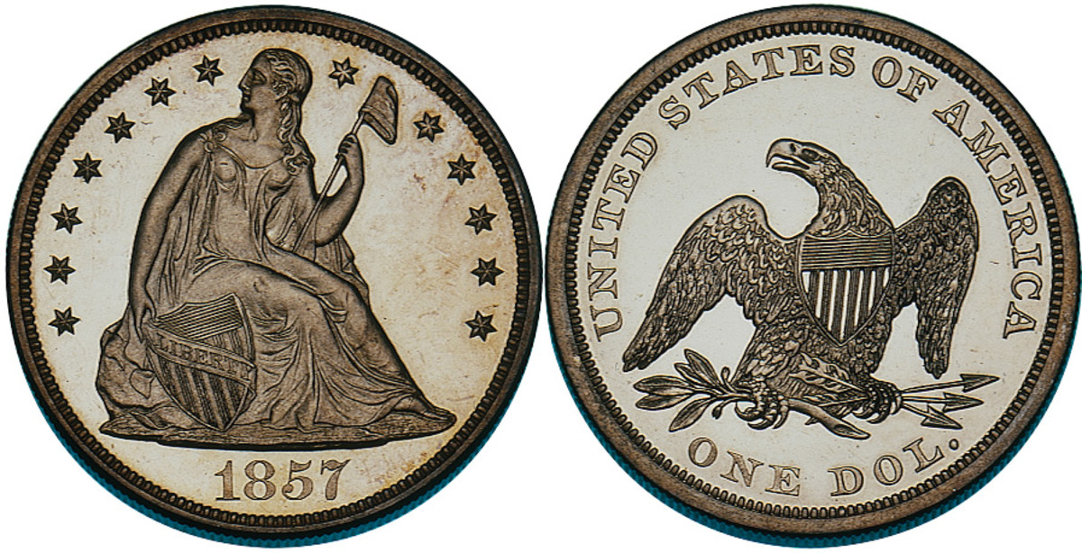An 1857 silver Seated Liberty dollar.