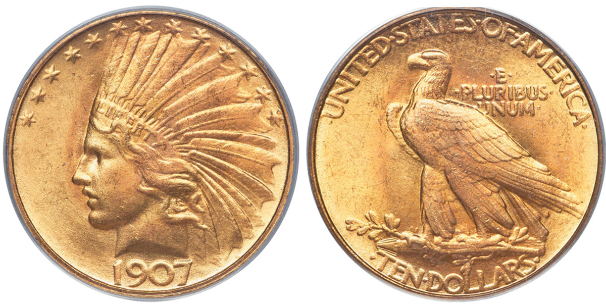 A 1907 Rolled Rim Indian $10 hammered at $810,000 during Heritage’s Long Beach/Summer FUN auction, leading the sale’s total to nearly $18 million. (All images courtesy Heritage Auctions, HA.com.)