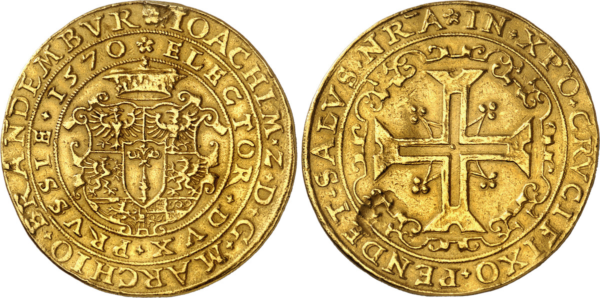 Joachim II. Portugaleser of 10 ducats 1570, Berlin. From Hess auction 253 (1983), No. 351 (formerly from the ducal coin cabinet of Gotha). Extremely rare. Traces of mounting, very fine. Estimate: 200,000 euros. Hammer price: 220,000 euros
