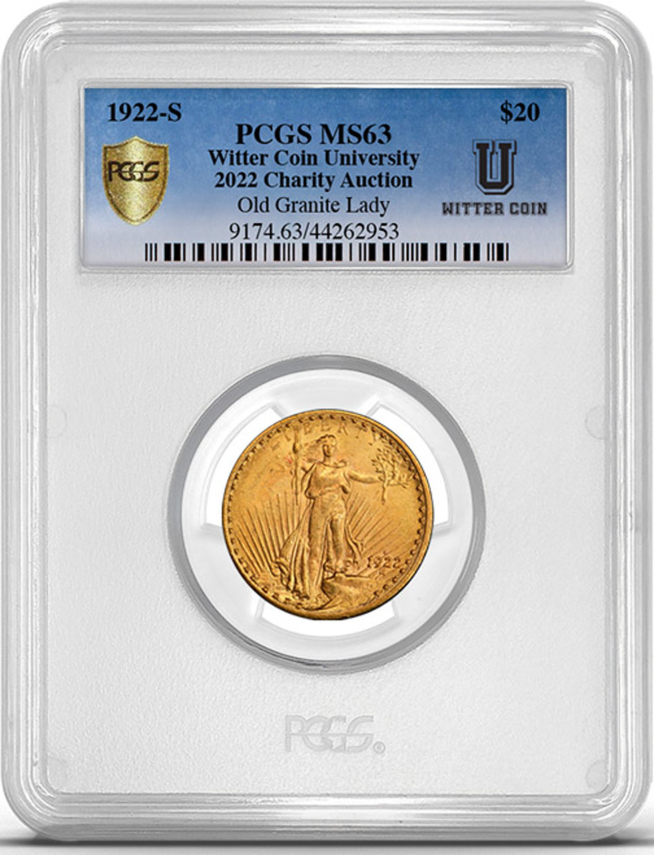 This 1922-S Saint-Gaudens double eagle graded PCGS MS-63 was sold by GreatCollections for $25,312.50 to help raise funds for Witter Coin University’s scholarship fund. (Image courtesy Professional Coin Grading Service.)