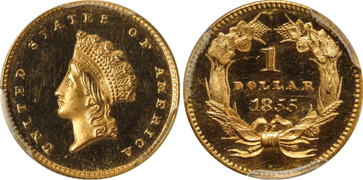 An 1855 gold dollar graded PF-64 Deep Cameo, the finest of about eight known, will also cross the auction block.