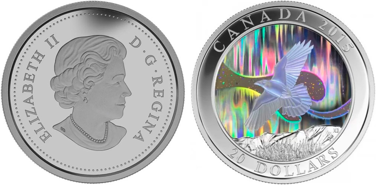 The Northern Lights are depicted using a hologram on the reverse of a 2015 Canadian $20 coin. (Images courtesy Royal Canadian Mint.)