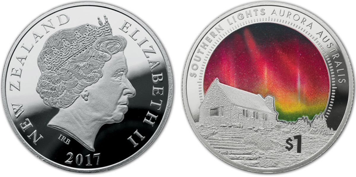 Not to be forgotten, the Southern Lights get a holographic display on the reverse of a 2017 New Zealand $1 coin. (Images courtesy New Zealand Post.)