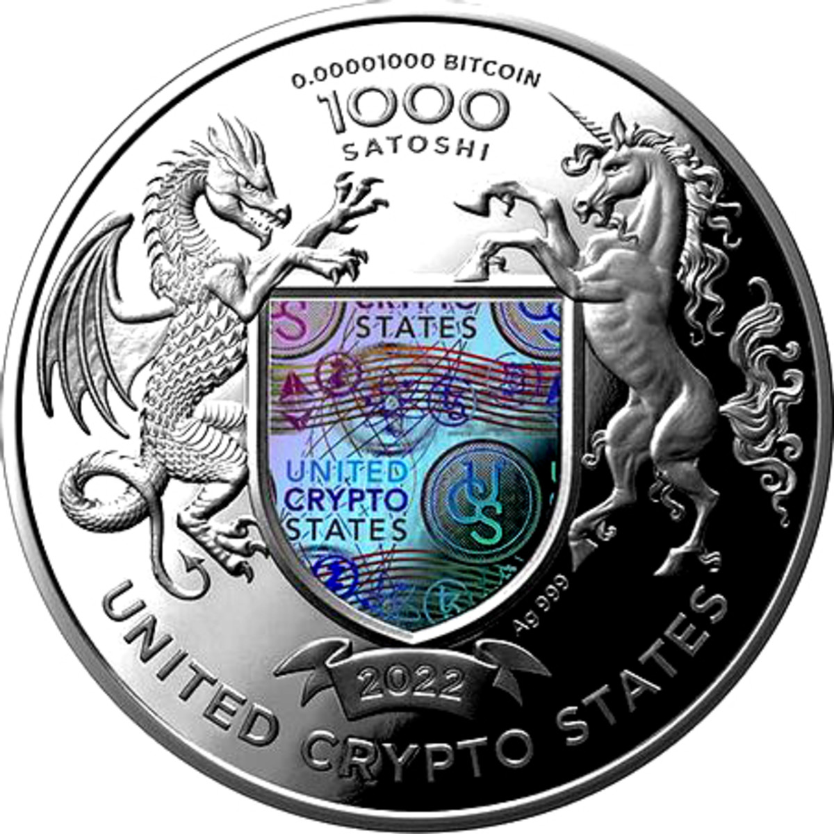 A 2022 silver “coin” issued by the United Crypto States denominated 1,000 Satoshi bears a hologram to protect against counterfeiting. (Image courtesy United Crypto States.)