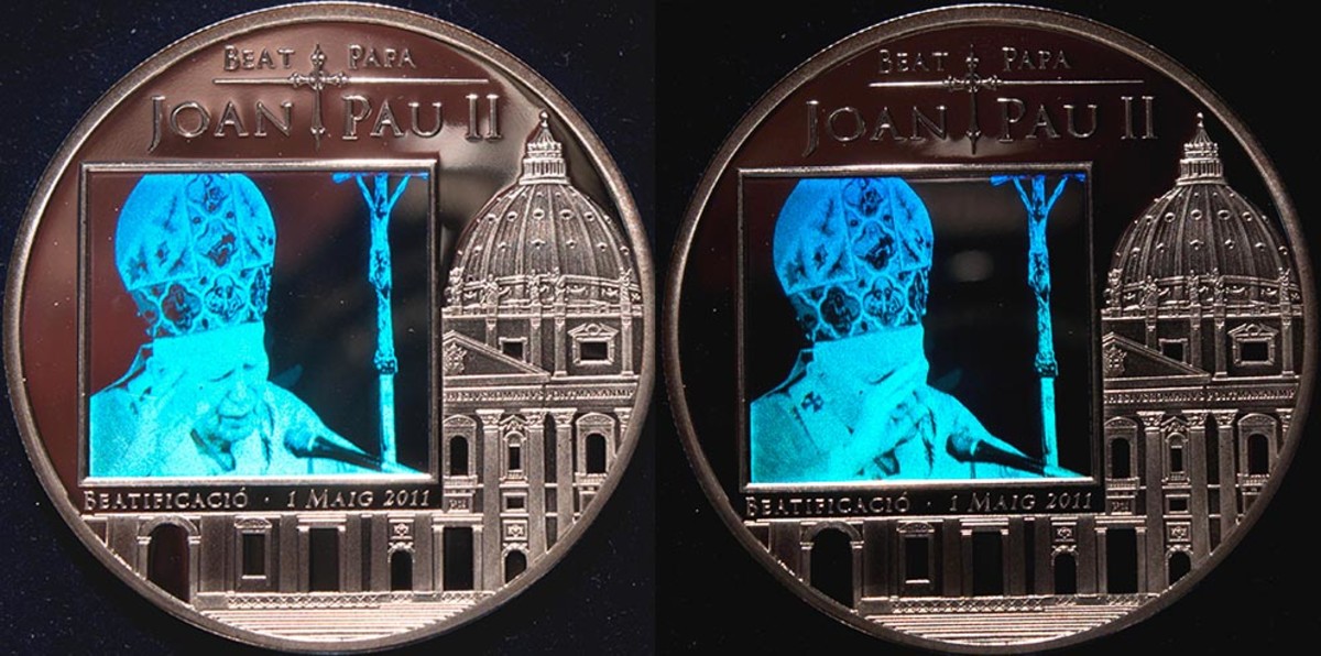 Stunningly realistic animated images of Pope John Paul II on this 2011 Andorra coin are brought to life with the use of a hologram.