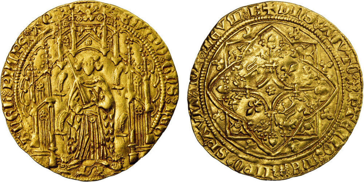 LOT 1403 ANGLO-GALLIC: Edward the Black Prince, 1362-1372, AV pavillon d'or (5.31g), Aquitaine, ND, Boudeau-508, Duplessy-1120, the Prince seated facing on throne, crowned with roses, holding raised sword and flanked by four ostrich feathers, under Gothic canopy, with 2 leopards lying on either side of his feet with ED: PO: GNS: REG - ANGL: PnCPS AQ around // acorned and leafy cross with rose in a curvilinear heart-shaped lozenge, with two leopards and two lis in the angles, in a four-lobed square flanked by clovers with + DNS: AIVTO: Z: PTECTO: ME: - IIPO: SPAVIT: COR: MEVM: B around, well struck, some luster, EF-AU Estimate: $5,500-$7,500
