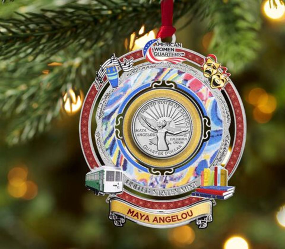 Holiday ornament featuring the 2022 American Women quarter honoring Maya Angelou. (Image courtesy United States Mint.)