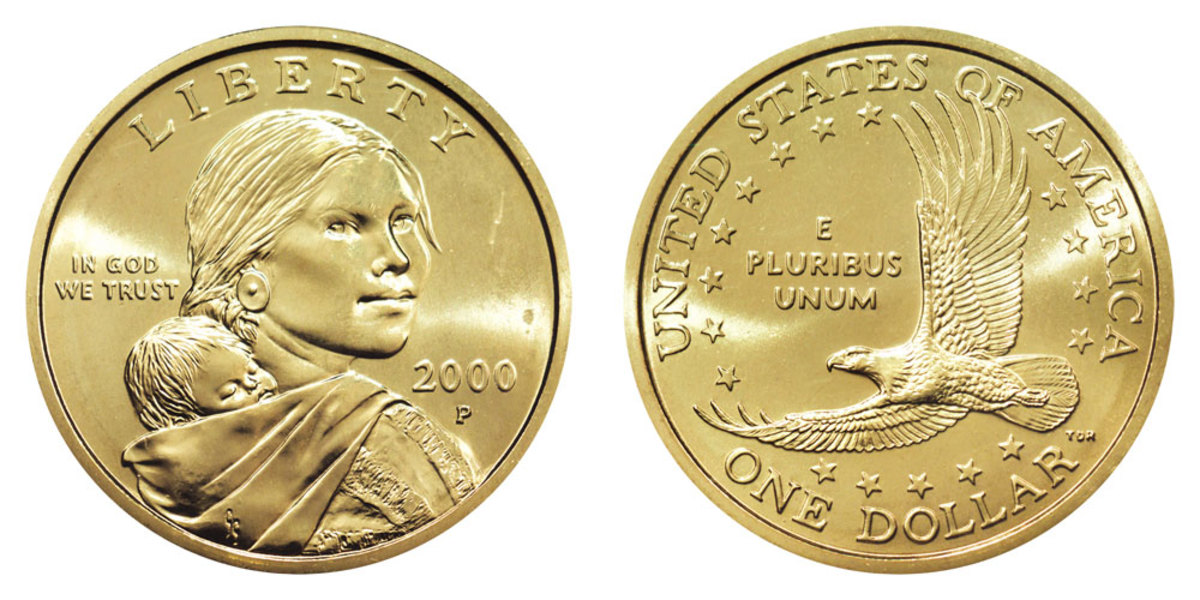 The "Cheerios dollar" that was placed in boxes of Cheerios cereal when the Sacagawea dollar debuted in 2000 is distinguishable by enhanced details on the eagle's tail feathers on the reverse. (Images courtesy usacoinbook.com)