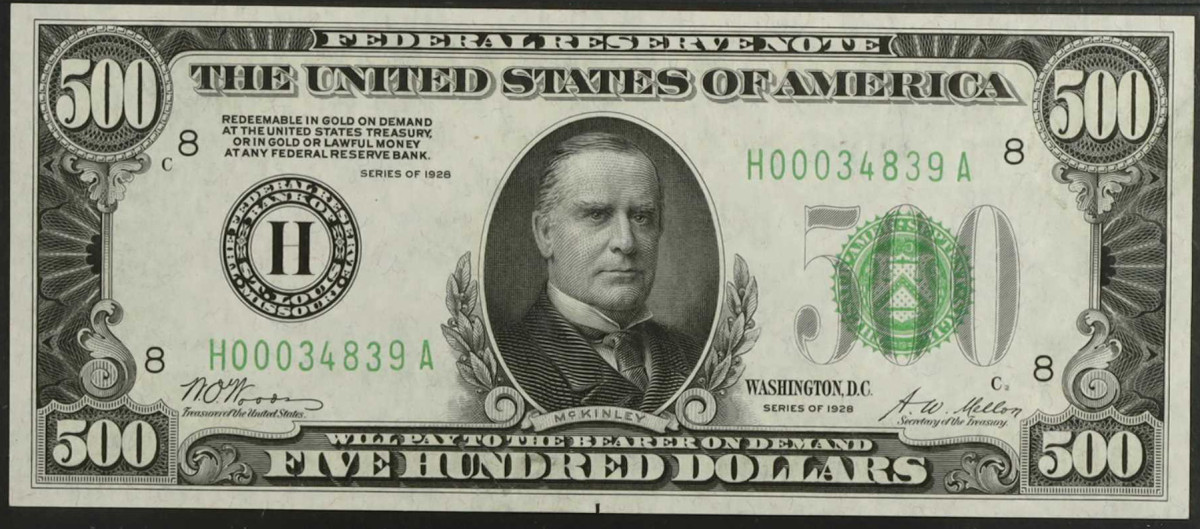 1928 $500 Federal Reserve Note. St. Louis. PMG Gem Uncirculated 66 EPQ.