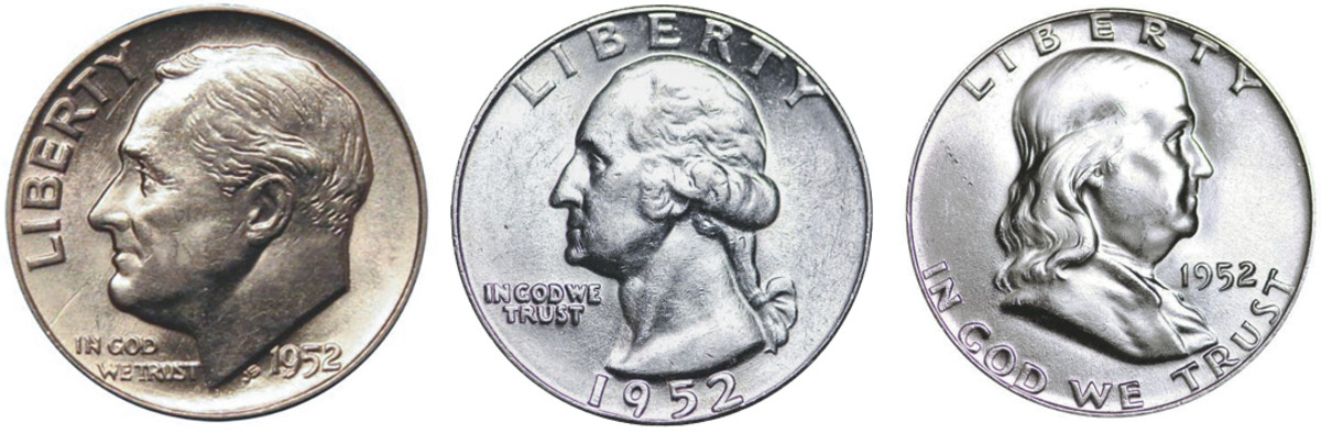 Obverses of the 1952 Roosevelt dime, Washington quarter and Franklin half dollar. (Images courtesy usacoinbook.com.)
