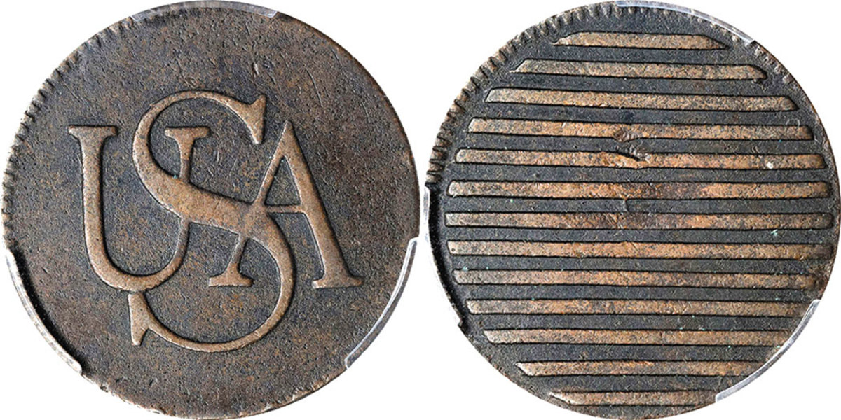 An undated bar-design copper graded EF-45 is an interesting offering. 
