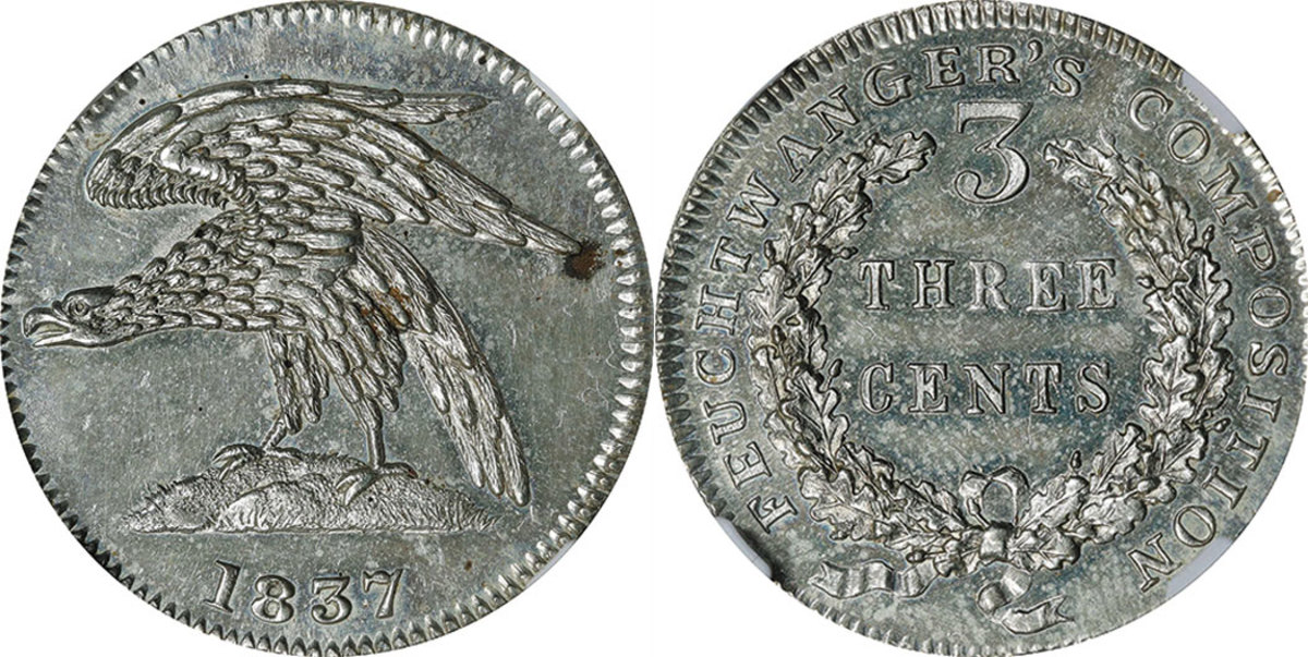 A highlight in the numismatic Americana category is a Feuchtwanger 3-cent piece graded MS-63PL. 