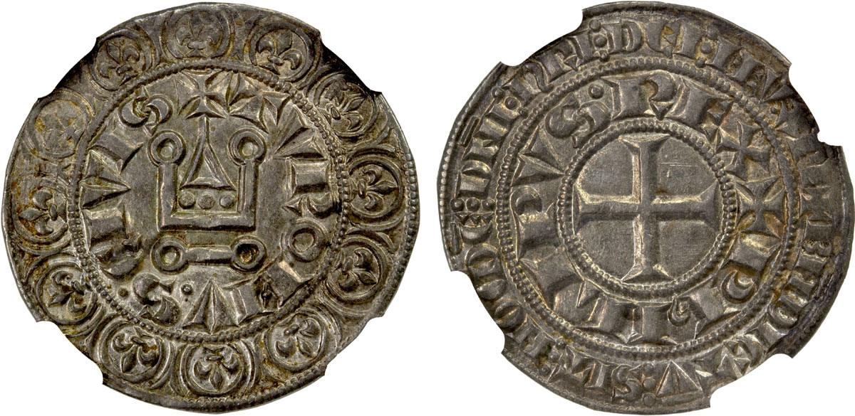 LOT 1706 FRANCE: Philippe III, 1270-1285, AR gros tournois (4.1g), ND, Duplessy-202, Ciani-188, central cross within inner circle with PhILIPVS REX around, all within second circle with +BNDICTV SIT NOME DNI nRI DEI HV XPI around // +TVRONVS CIVIS around building, all within inner circle with 12 lis around, bold strike, lovely toning, a likely candidate for upgrade to mint state, NGC graded AU58Estimate: $250 to $350