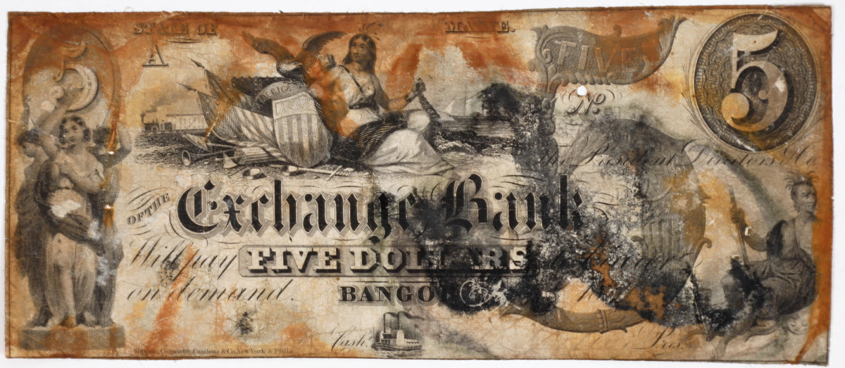 Exchange Bank of Bangor, ME $5: One of the banknotes recovered from the S.S. Central America is this $5 note, Haxby G8, from the Exchange Bank of Bangor, Maine. (Photo courtesy of Holabird Western Americana Collections.)