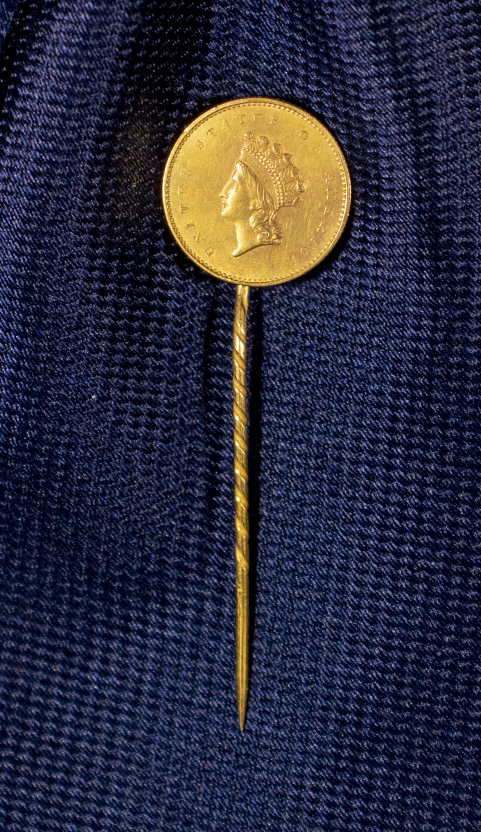 Mid-1850s gold coin stickpin: Among the unique jewelry pieces recovered from the S.S. Central America is this gold stickpin crafted with a Type II (1854-1856) gold $1 coin. It will be offered on December 3, 2022 in an auction conducted online and in Reno, Nevada by Holabird Western Americana Collections. (Photo courtesy of Holabird Western Americana Collections.)